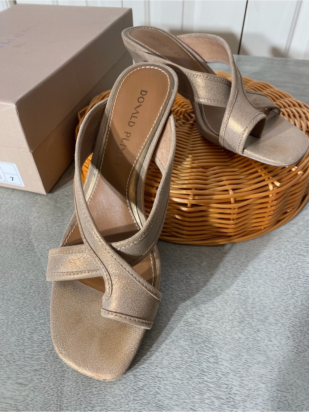 Donald J. Pliner Taupe Kiss Metallic Toe Loop Slip-On Kitten Heel